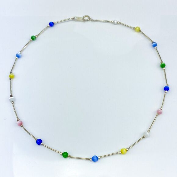 New Sterling Silver 925 Multicolor Synthetic Cat's Eye Beaded Necklace 15.5" - Picture 2 of 4